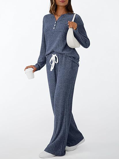 Dames Gebreide Henley en Broek Set Comfortabel