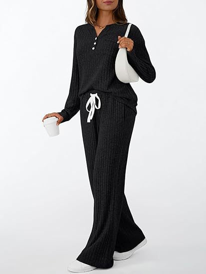 Dames Gebreide Henley en Broek Set Comfortabel