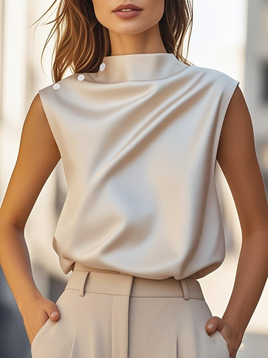 Vrouwelijke Satijnen Blouse Gedraaid Model met Hoge Kraag