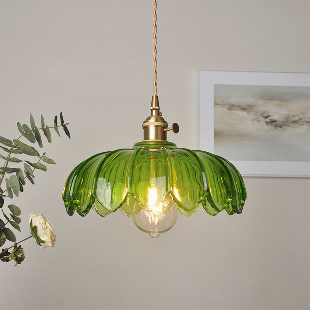 Hanglamp Glas Vintage Bloem Groen Koper 25cm Pendellamp Retro Woonkamer Eetkamer Romantisch