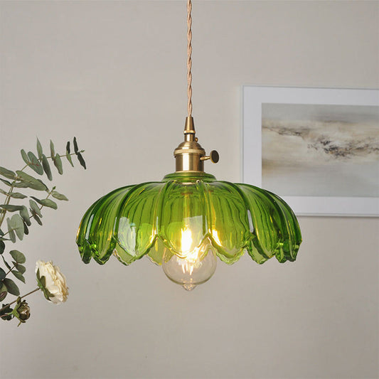 Hanglamp Glas Vintage Bloem Groen Koper 25cm Pendellamp Retro Woonkamer Eetkamer Romantisch