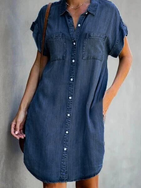 Blauwe Jurk Denim Halflang Elegante Stijl - StudioMarella