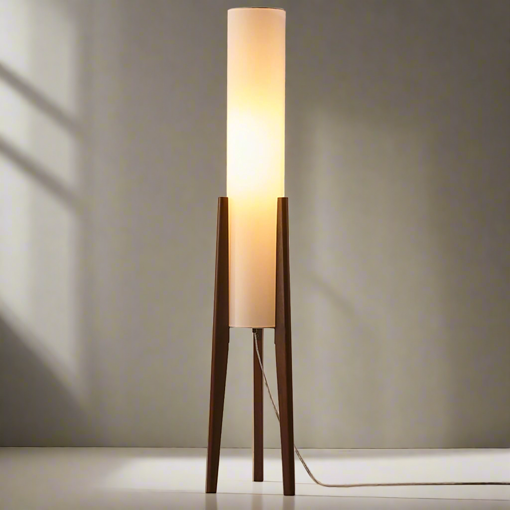 Scandinavische vloerlamp van walnoothout met stoffen kap en warm licht voor stijlvolle interieurs