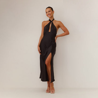 Nishel | Maxi Jurk Satijn Halterneck met Split