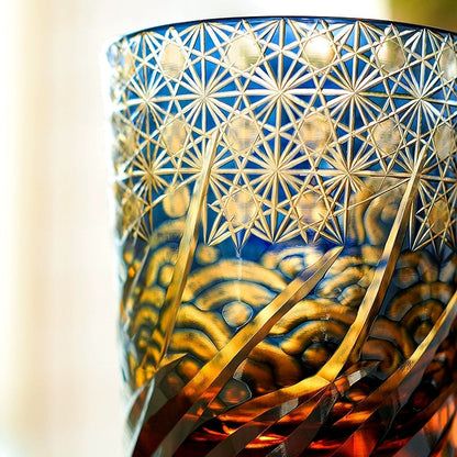 Whiskeyglas Edo Kiriko Blauw Amber Handgemaakt Sterchysant Sterrenzee Japans Kristal