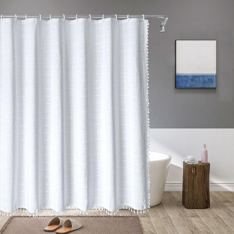 Douchegordijn Linnen Bohemian Waterproof Kwastjes 180x200cm Badkamer Beige Geruit