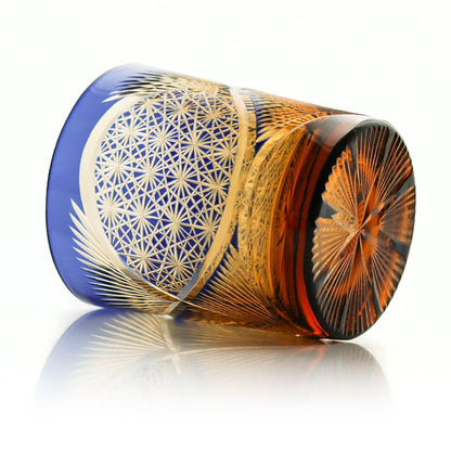 Whiskeyglas Edo Kiriko Kraanvogelveer Amber Handgemaakt Japans Kristal Houten Doos
