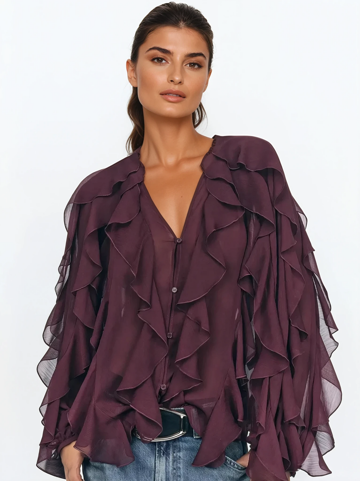 Vrouwelijke Blouse Ruches Doorzichtige Mouwen Romantisch Design - StudioMarella