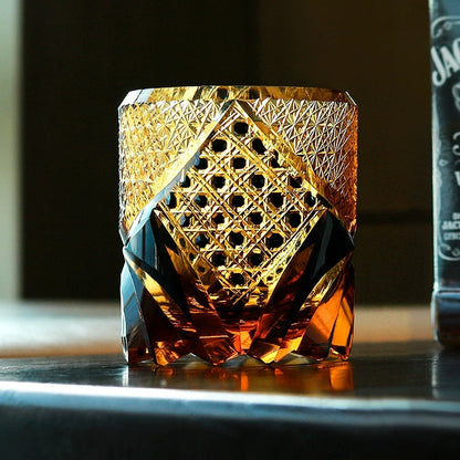 Whiskeyglas Edo Kiriko Dark Knight Handgemaakt Donker Amber Japans Kristal Houten Doos