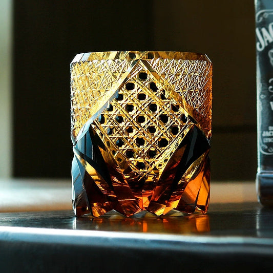 Whiskeyglas Edo Kiriko Dark Knight Handgemaakt Donker Amber Japans Kristal Houten Doos
