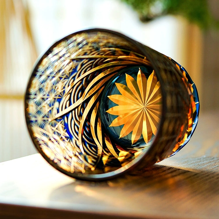 Whiskeyglas Edo Kiriko Blauw Amber Handgemaakt Sterchysant Sterrenzee Japans Kristal