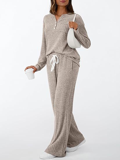 Dames Gebreide Henley en Broek Set Comfortabel