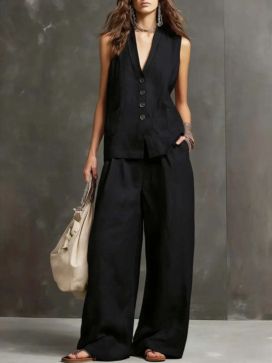 Dames Tweedelig Katoen Linnen Set Mouwloos Gilet Wijde Broek