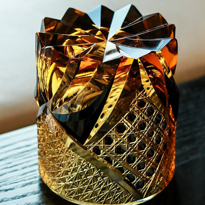 Whiskeyglas Edo Kiriko Dark Knight Handgemaakt Donker Amber Japans Kristal Houten Doos