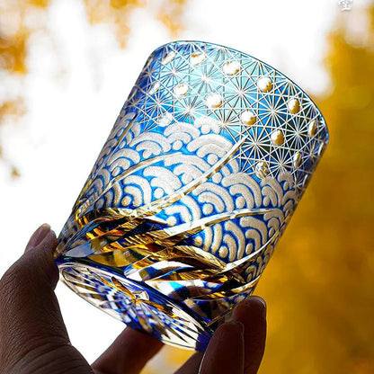 Whiskeyglas Edo Kiriko Blauw Amber Handgemaakt Sterchysant Sterrenzee Japans Kristal