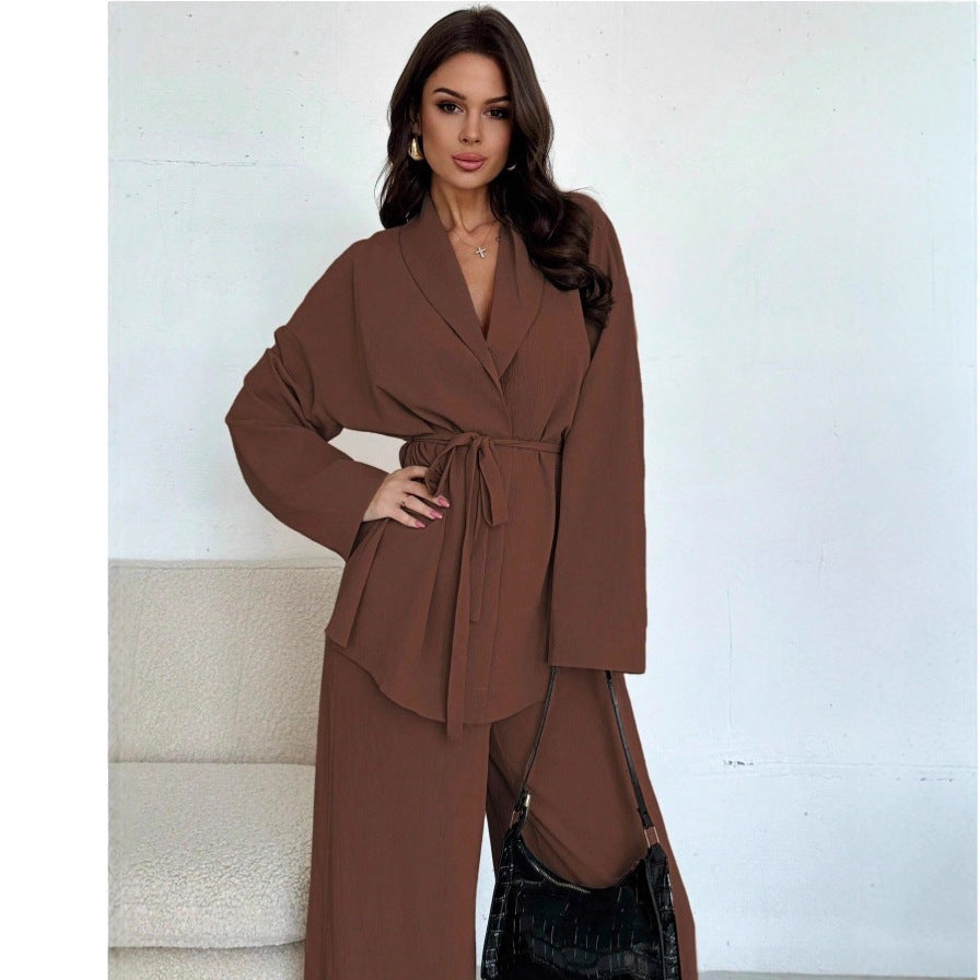 Dames Blazer en Broek Set Met Ceintuur Elegant