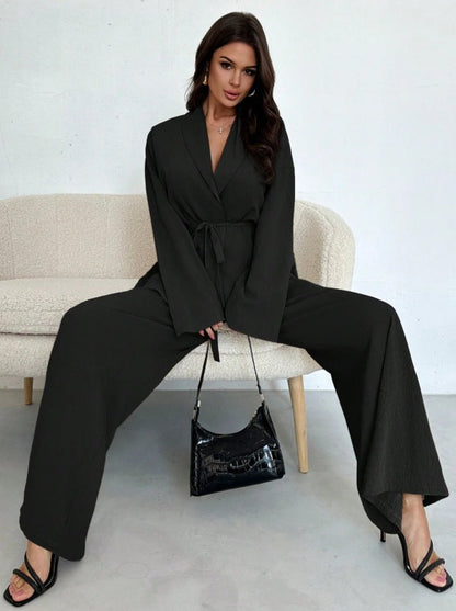 Dames Blazer en Broek Set Met Ceintuur Elegant