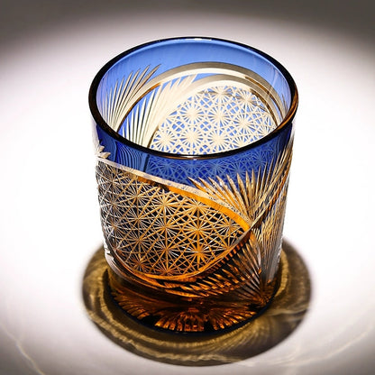 Whiskeyglas Edo Kiriko Kraanvogelveer Amber Handgemaakt Japans Kristal Houten Doos