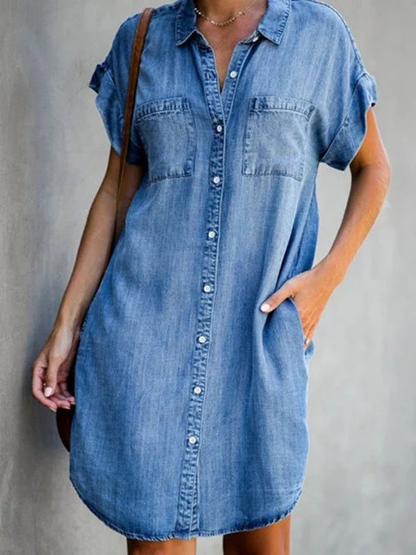 Blauwe Jurk Denim Halflang Elegante Stijl