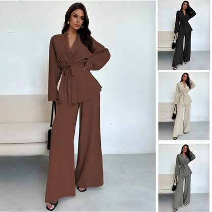 Dames Blazer en Broek Set Met Ceintuur Elegant