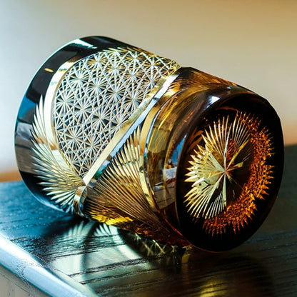 Whiskeyglas Edo Kiriko Kraanvogelveer Amber Handgemaakt Japans Kristal Houten Doos