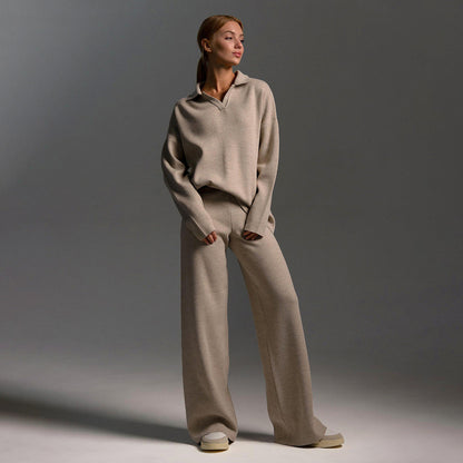 Dames Lounge Set Zandkleur Oversized Sweater en Wijde Broek - StudioMarella