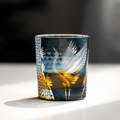 Japans Whiskyglas met Kraanmotief en Houten Presentatiebox – Handgeslepen Kristal voor Whiskyliefhebbers