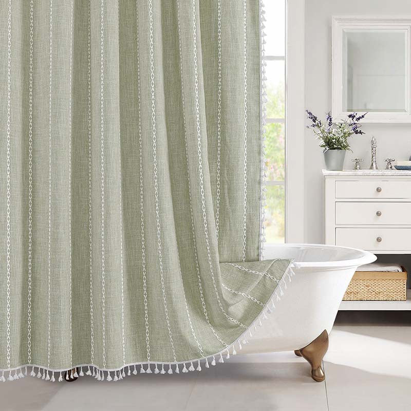 Douchegordijn Linnen Bohemian Waterproof Kwastjes 180x200cm Badkamer Beige Geruit