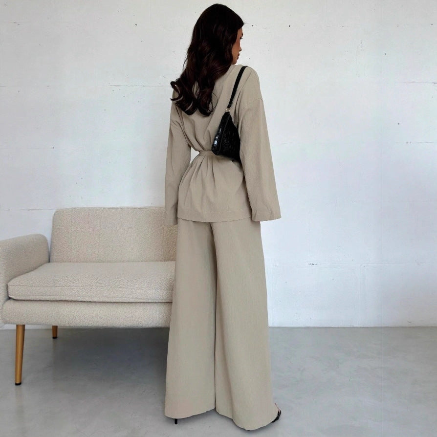 Dames Blazer en Broek Set Met Ceintuur Elegant