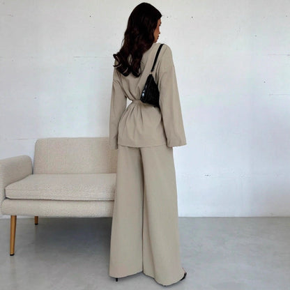 Dames Blazer en Broek Set Met Ceintuur Elegant