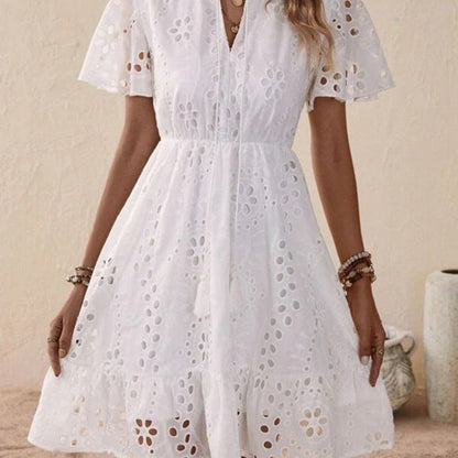 Korte Zomerjurk Wit van Katoen Bohemian Stijl