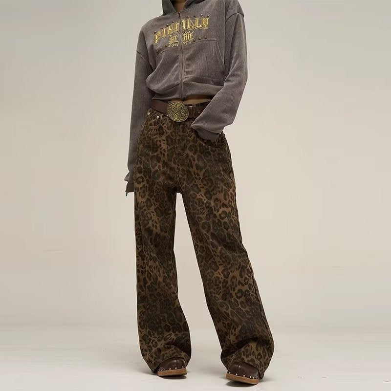 Dames Jeans Hoge Taille Luipaardprint Rechte Pijpen