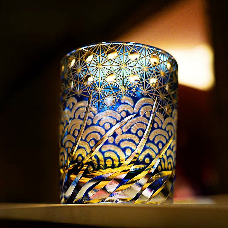 Whiskeyglas Edo Kiriko Blauw Amber Handgemaakt Sterchysant Sterrenzee Japans Kristal