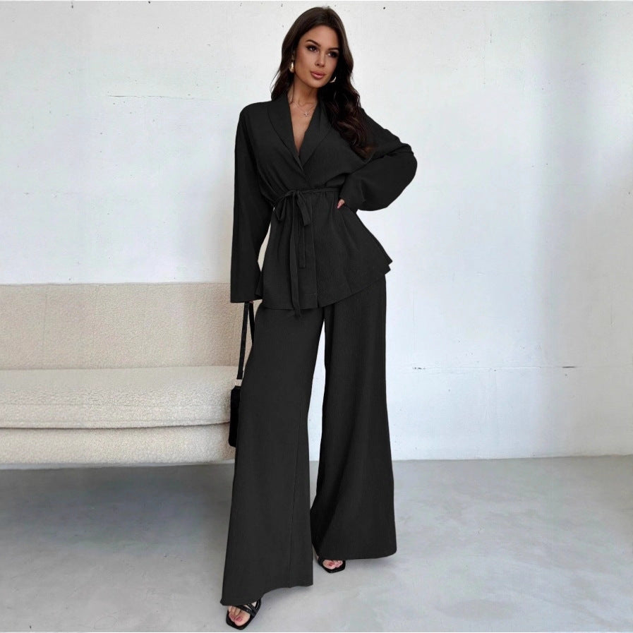 Dames Blazer en Broek Set Met Ceintuur Elegant