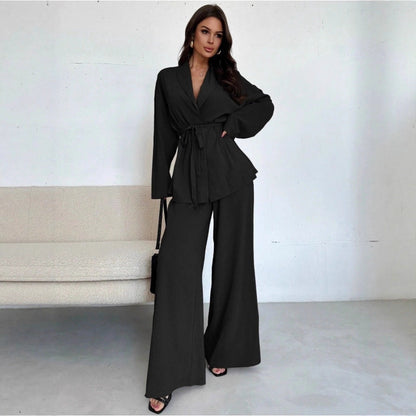 Dames Blazer en Broek Set Met Ceintuur Elegant