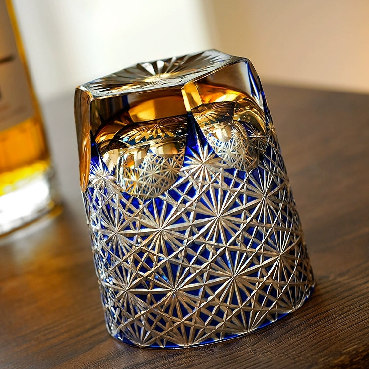 Whiskeyglas Edo Kiriko Blauw Amber Handgemaakt Sterchysant Sterrenzee Japans Kristal
