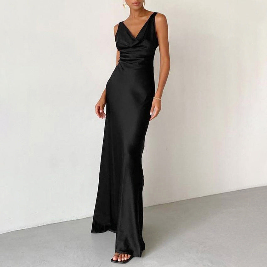 Elegante Satijnen Avondjurk Slim Fit met Drapé Hals