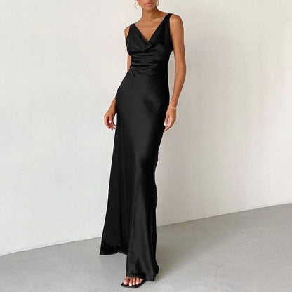 Elegante Satijnen Avondjurk Slim Fit met Drapé Hals