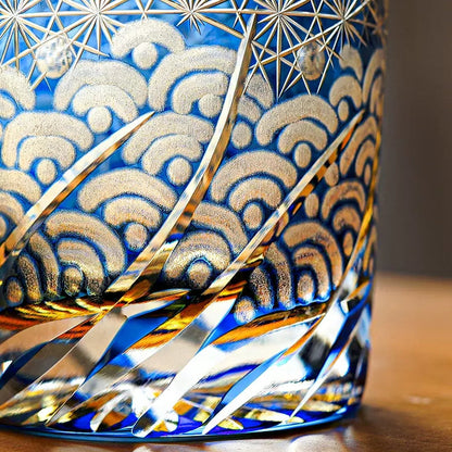 Whiskeyglas Edo Kiriko Blauw Amber Handgemaakt Sterchysant Sterrenzee Japans Kristal