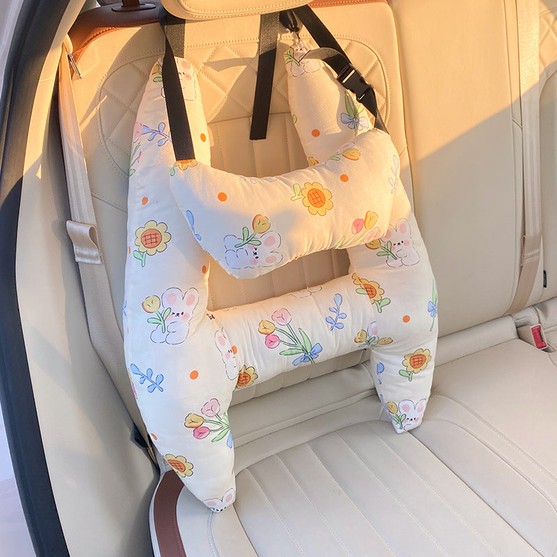 Autokussen Kind Hoofdsteun Katoenmix 67x50cm Beige Reiskussen Auto Neksteun Kinderstoel Lange Rit Comfort Slaapondersteuning