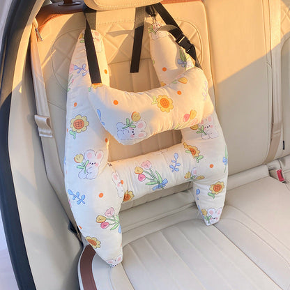 Autokussen Kind Hoofdsteun Katoenmix 67x50cm Beige Reiskussen Auto Neksteun Kinderstoel Lange Rit Comfort Slaapondersteuning