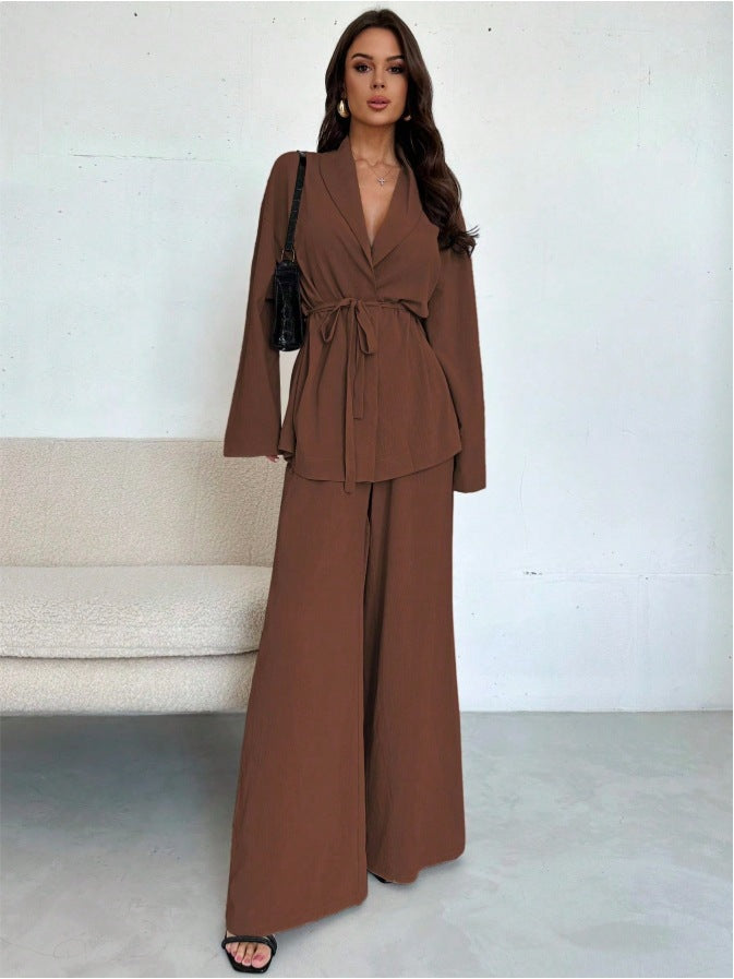 Dames Blazer en Broek Set Met Ceintuur Elegant