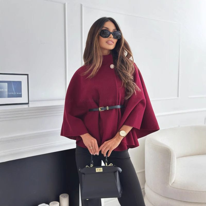 Wolcape Met Ceintuur Hoge Kraag Knopen Sluiting Elegant