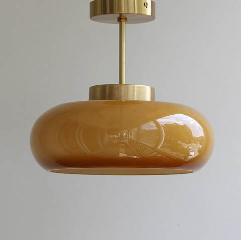 Vintage Plafondlamp van Geel Glas met Messing | Semi-Flush LED Plafondverlichting