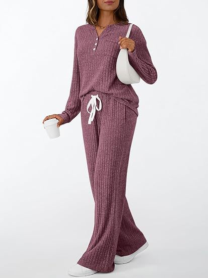 Dames Gebreide Henley en Broek Set Comfortabel