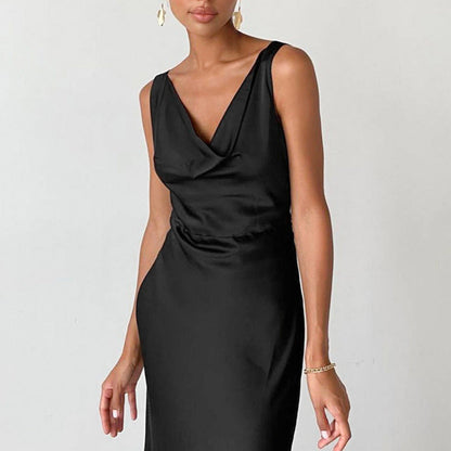 Elegante Satijnen Avondjurk Slim Fit met Drapé Hals