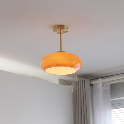 Vintage Plafondlamp van Geel Glas met Messing | Semi-Flush LED Plafondverlichting