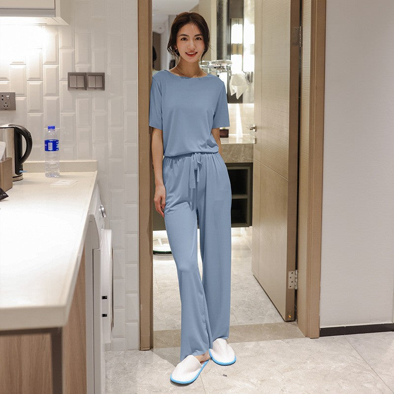 Wella Zomer Pyjama Set Korte Mouwen Wijde Pijpen IJsblauw