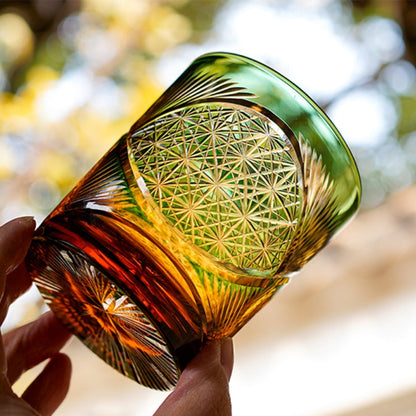 Whiskeyglas Edo Kiriko Kraanvogelveer Amber Handgemaakt Japans Kristal Houten Doos