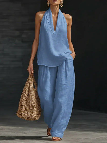Dames Mouwloze Set Met Wijde Broek